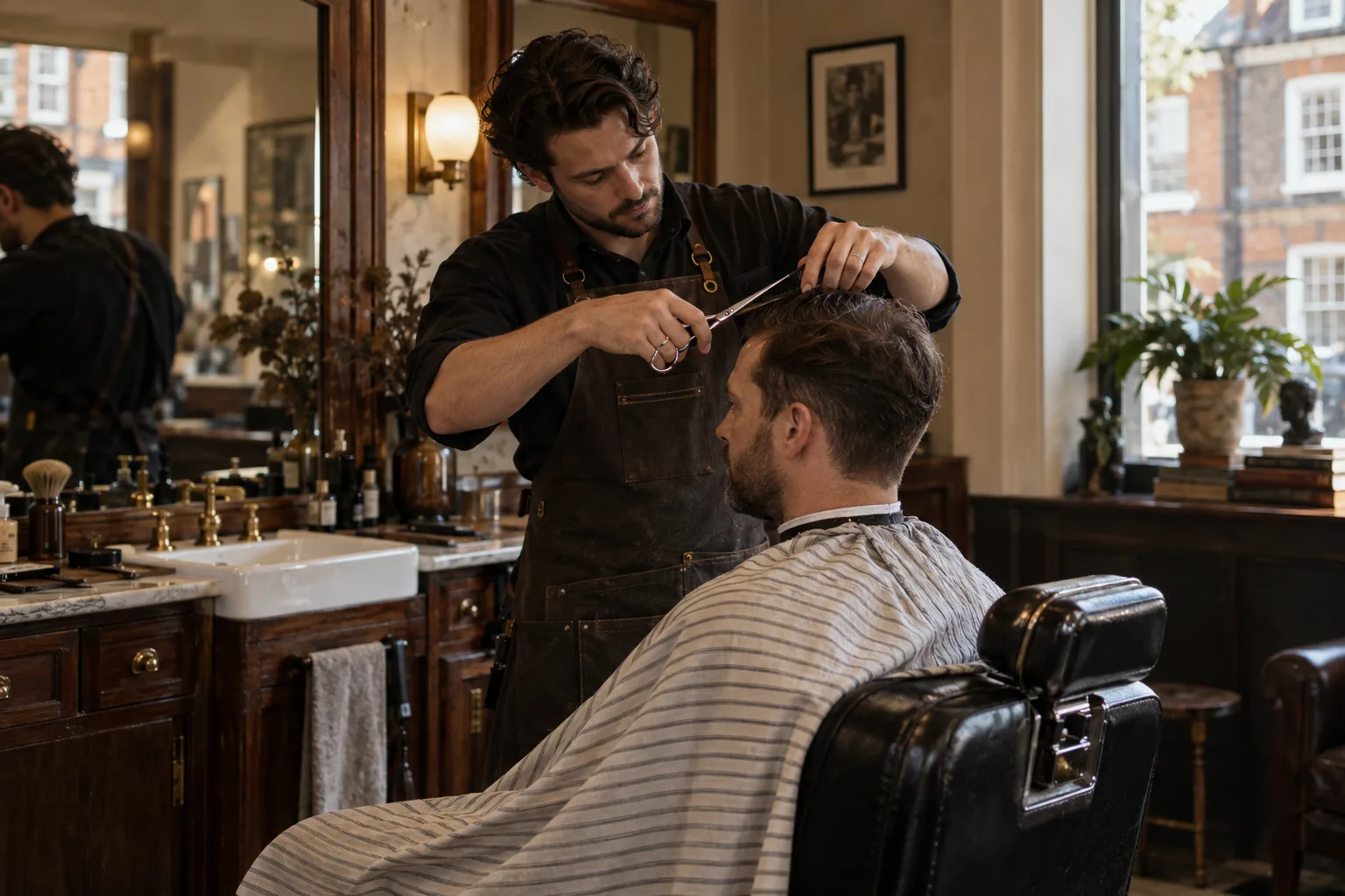 Un barbier coupe les cheveux d’un client dans le salon Blackwood